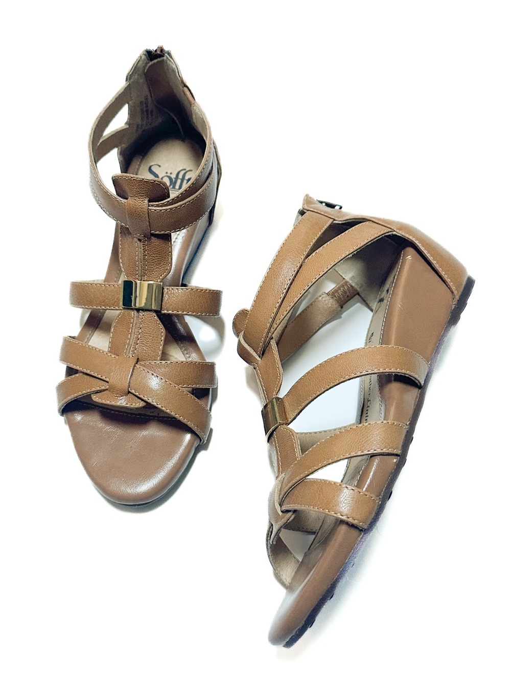 Sofft Bernia Wedge Sandal Camel Tan Leather Strappy Gladiator Low Heel